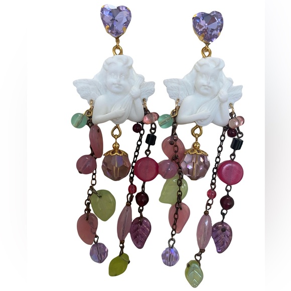 Charming long purple bohemian Opal cherub Cupid love valentines earrings gypsy - Picture 1 of 3